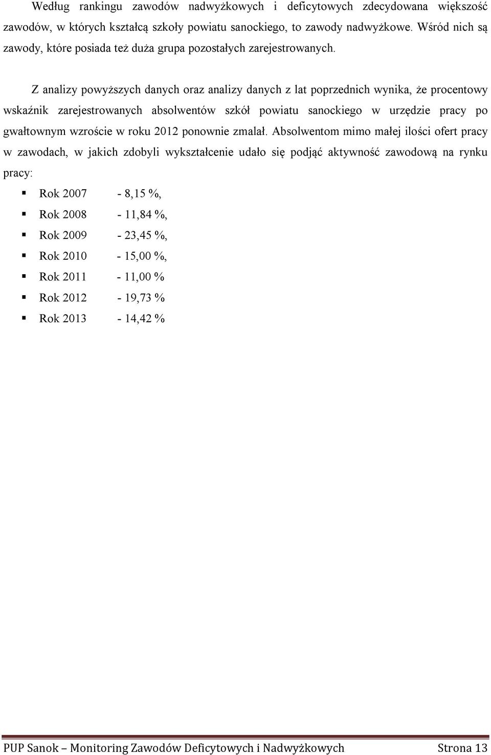 Z analizy powyższych danych oraz analizy danych z lat poprzednich wynika, że procentowy wskaźnik zarejestrowanych absolwentów szkół powiatu sanockiego w urzędzie pracy po gwałtownym wzroście w