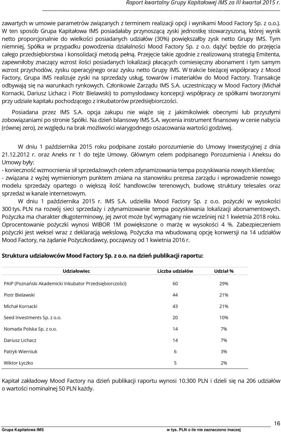 W ten sposób posiadałaby przynoszącą zyski jednostkę stowarzyszoną, której wynik netto proporcjonalnie do wielkości posiadanych udziałów (30%) powiększałby zysk netto Grupy IMS.
