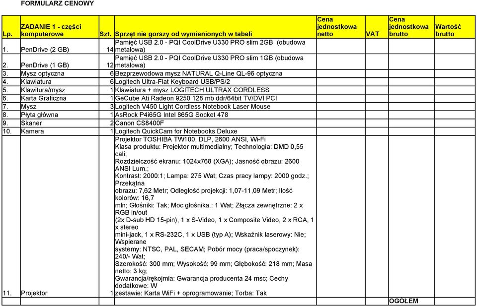 Klawiatura 6 Logitech Ultra-Flat Keyboard USB/PS/2 5. Klawitura/mysz 1 Klawiatura + mysz LOGITECH ULTRAX CORDLESS 6. Karta Graficzna 1 GeCube Ati Radeon 9250 128 mb ddr/64bit TV/DVI PCI 7.