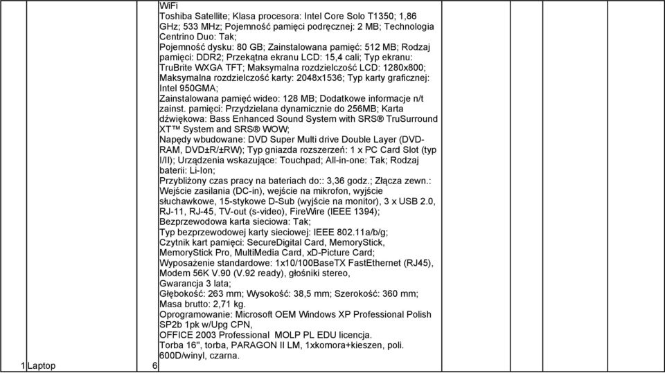 Intel 950GMA; Zainstalowana pamięć wideo: 128 MB; Dodatkowe informacje n/t zainst.