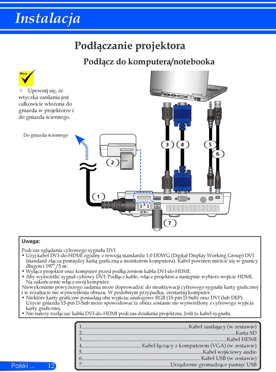 0 DDWG (Digital Display Working Group) DVI (standard złącza pomiędzy kartą graficzną a monitorem komputera). Kabel powinen mieścić się w granicy długości 197 /5 m.