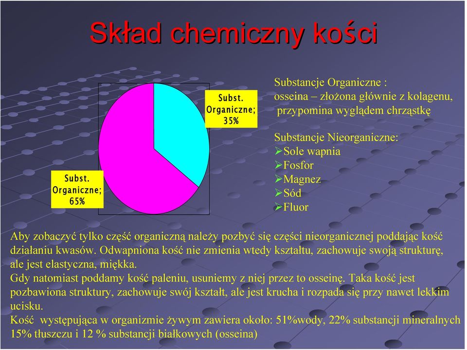 część organiczną należy pozbyć się części nieorganicznej poddając kość działaniu kwasów. Odwapniona kość nie zmienia wtedy kształtu, zachowuje swoją strukturę, ale jest elastyczna, miękka.