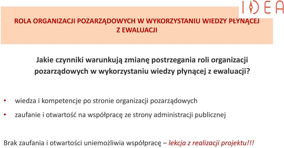 wiedza i kompetencje po stronie organizacji pozarządowych zaufanie i otwartość na współpracę ze