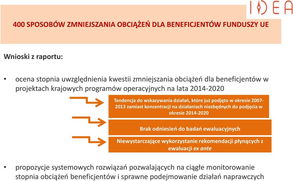 koncentracji na działaniach niezbędnych do podjęcia w okresie 2014-2020 Brak odniesień do badań ewaluacyjnych Niewystarczające wykorzystanie rekomendacji