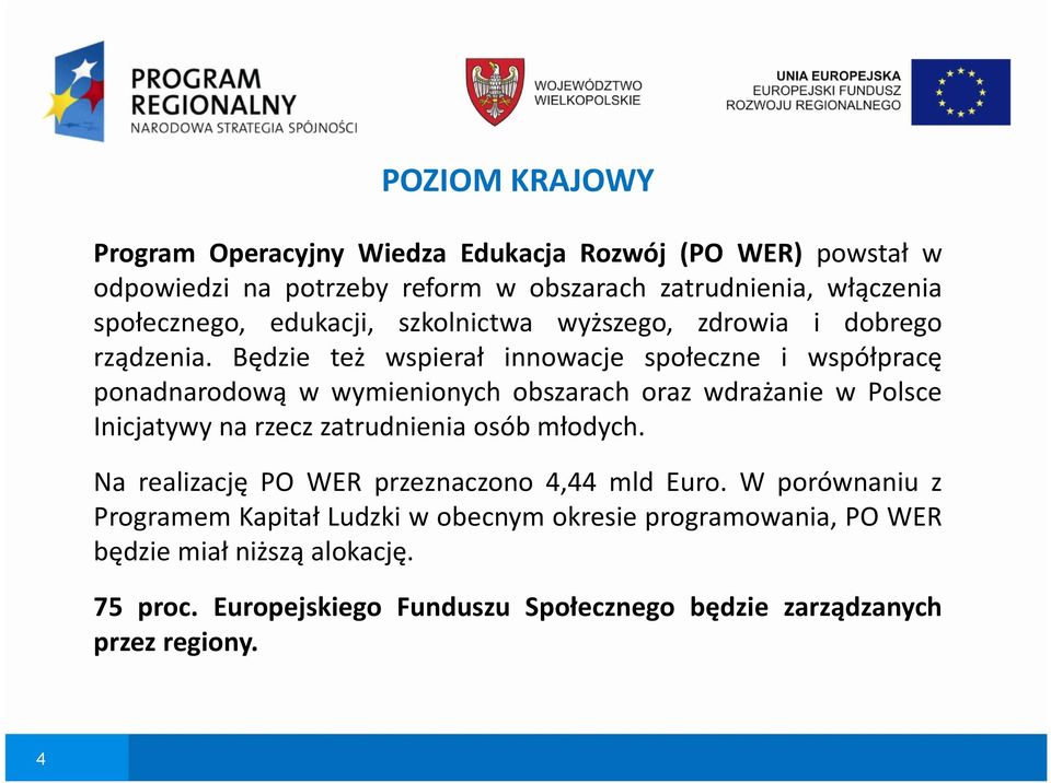 Będzie też wspierał innowacje społeczne i współpracę ponadnarodową w wymienionych obszarach oraz wdrażanie w Polsce Inicjatywy na rzecz zatrudnienia osób