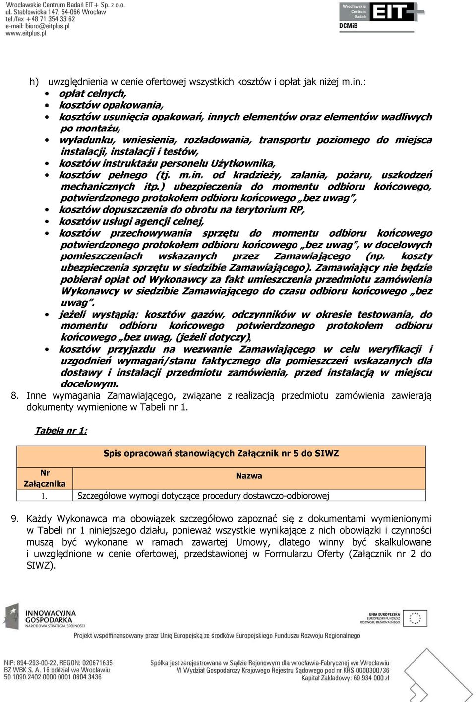 instalacji i testów, kosztów instruktażu personelu Użytkownika, kosztów pełnego (tj. m.in. od kradzieży, zalania, pożaru, uszkodzeń mechanicznych itp.