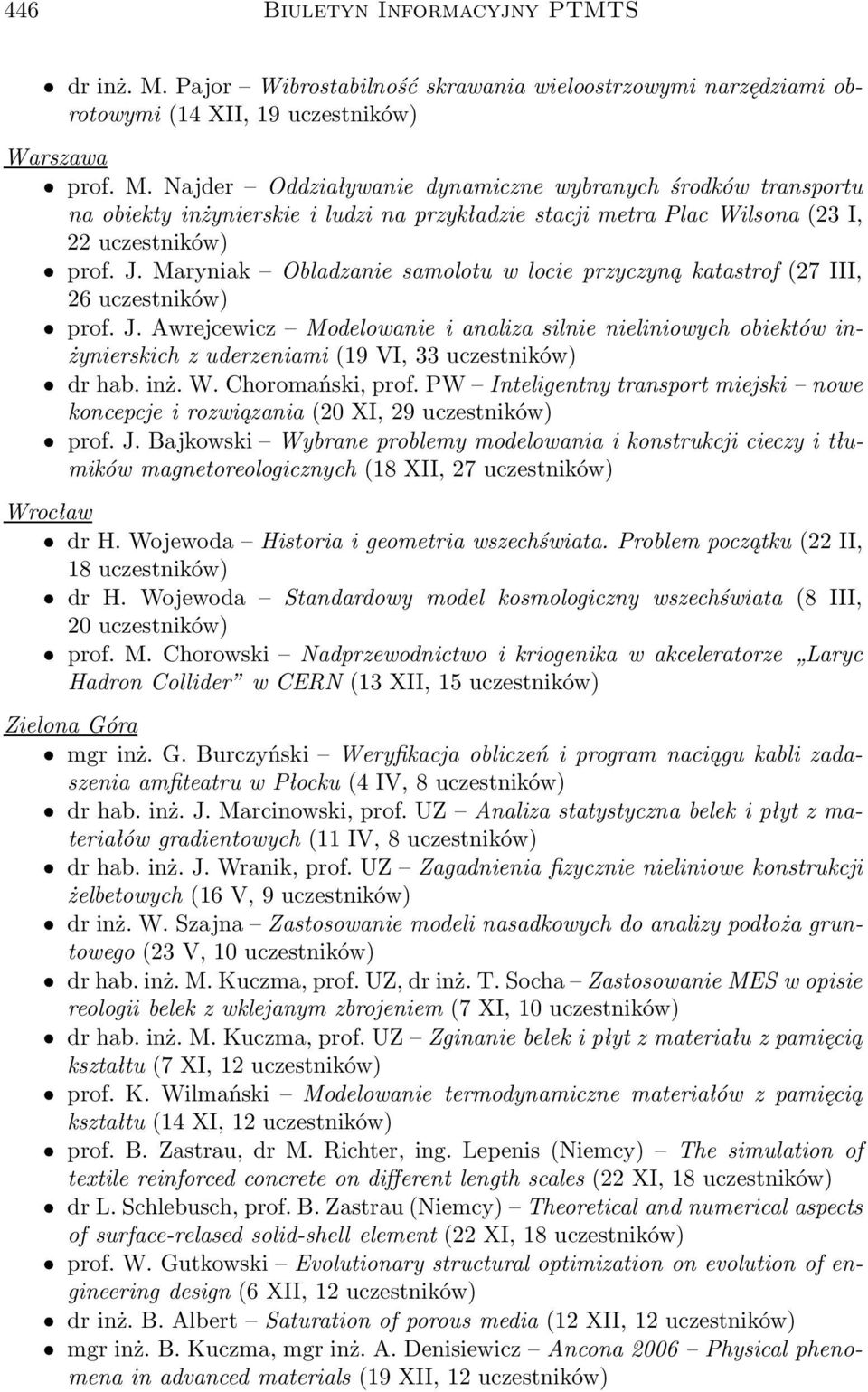 Najder Oddziaływanie dynamiczne wybranych środków transportu na obiekty inżynierskie i ludzi na przykładzie stacji metra Plac Wilsona(23 I, 22 uczestników) prof. J.