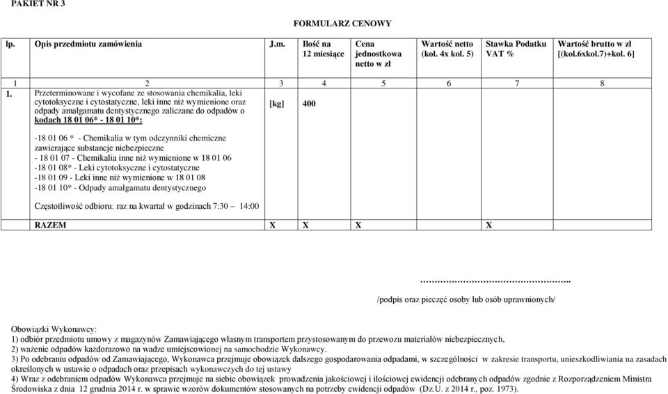 zawierające substancje niebezpieczne - 18 01 07 - Chemikalia inne niż wymienione w 18 01 06-18 01 08* - Leki cytotoksyczne i cytostatyczne -18