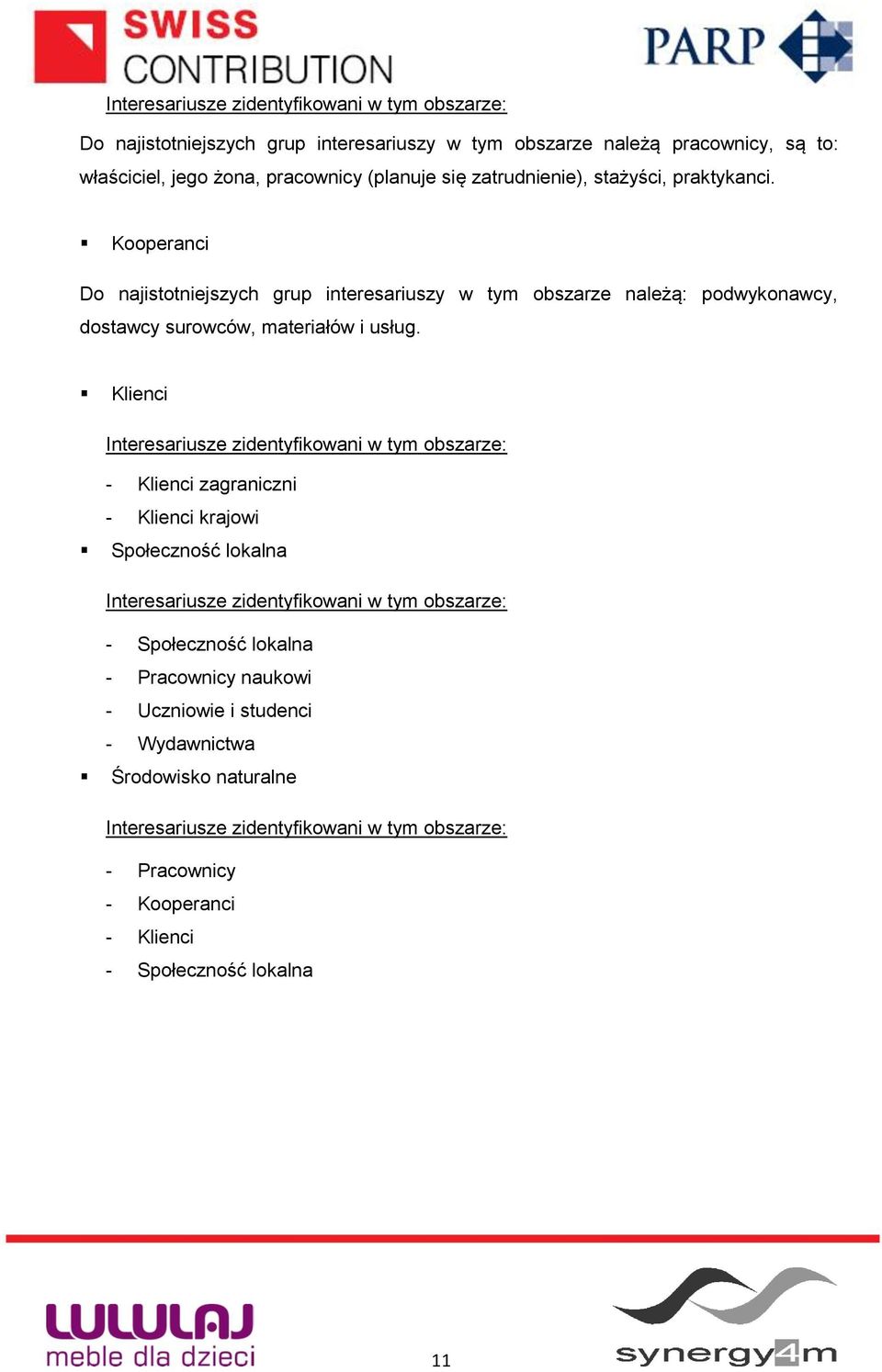 Klienci Interesariusze zidentyfikowani w tym obszarze: - Klienci zagraniczni - Klienci krajowi Społeczność lokalna Interesariusze zidentyfikowani w tym obszarze: - Społeczność