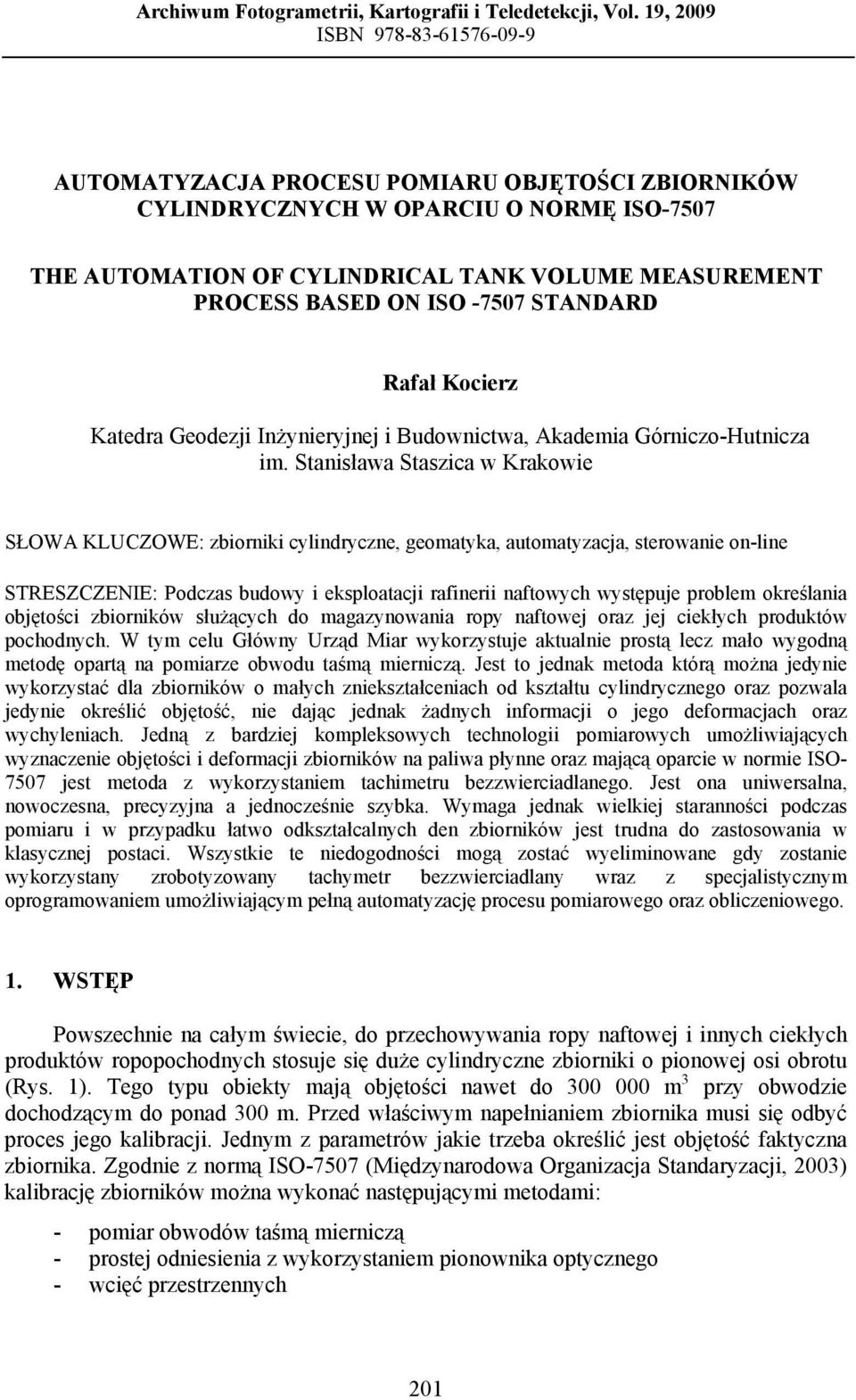 -7507 STANDARD Rafał Kocerz Katedra Geodezj Inżyneryjnej Budownctwa, Akadema Górnczo-Hutncza m.