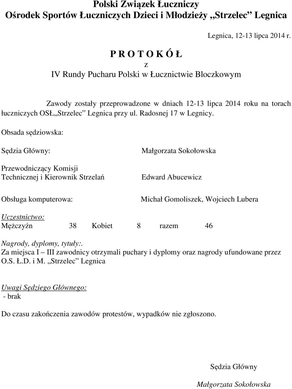 Obsada sędziowska: Sędzia Główny: Przewodniczący Komisji Technicznej i Kierownik Strzelań Obsługa komputerowa: Małgorzata Sokołowska Edward Abucewicz Michał Gomoliszek, Wojciech Lubera Uczestnictwo: