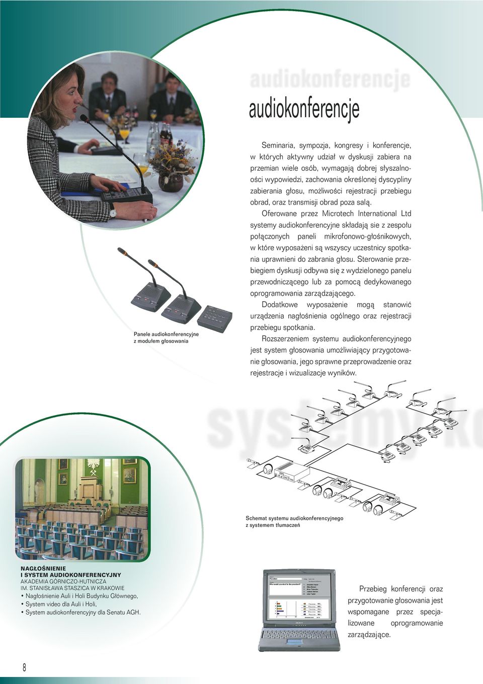 Oferowane przez Microtech International Ltd systemy audiokonferencyjne sk adajà sie z zespo u po àczonych paneli mikrofonowo-g oênikowych, w które wyposa eni sà wszyscy uczestnicy spotkania