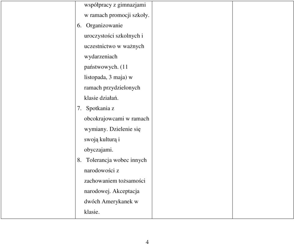 (11 listopada, 3 maja) w ramach przydzielonych klasie działań. 7.