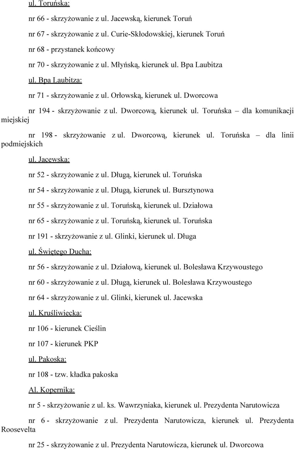 Toruńska dla komunikacji miejskiej nr 198 - skrzyżowanie z ul. Dworcową, kierunek ul. Toruńska dla linii podmiejskich ul. Jacewska: nr 52 - skrzyżowanie z ul. Długą, kierunek ul.