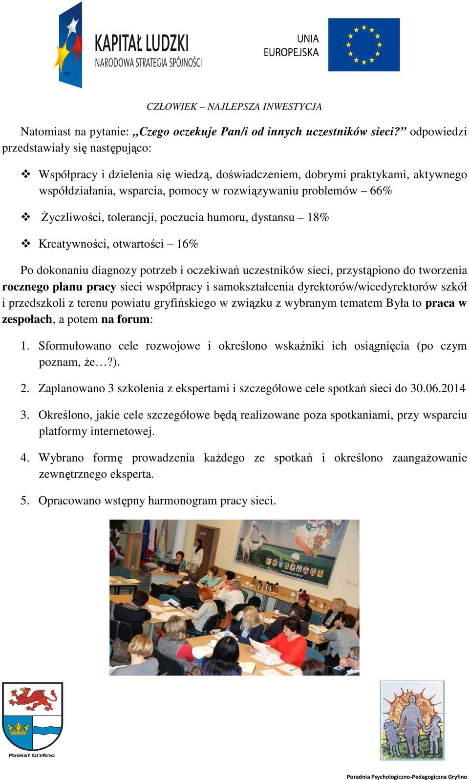 tolerancji, poczucia humoru, dystansu 18% Kreatywności, otwartości 16% Po dokonaniu diagnozy potrzeb i oczekiwań uczestników sieci, przystąpiono do tworzenia rocznego planu pracy sieci współpracy i