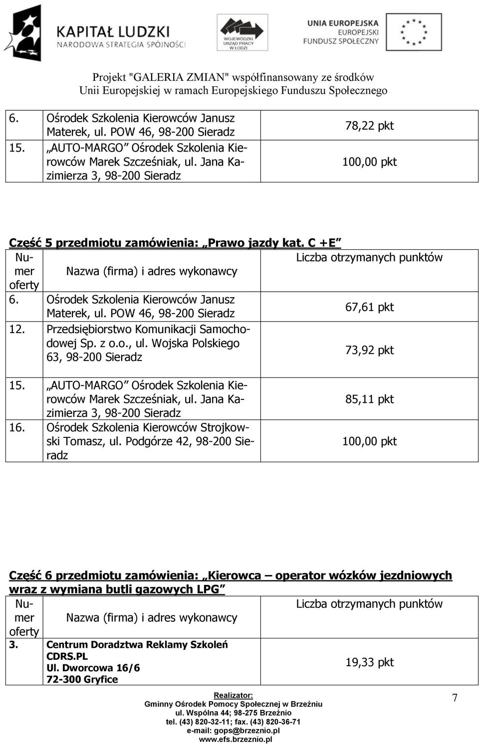 Przedsiębiorstwo Komunikacji Samochodowej Sp. z o.o., ul. Wojska Polskiego 73,92 pkt 63, 85,11 pkt 15. AUTO-MARGO Ośrodek Szkolenia Kierowców Marek Szcześniak, ul.