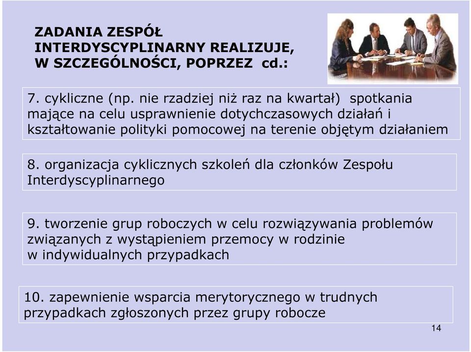 objętym działaniem 8. organizacja cyklicznych szkoleń dla członków Zespołu Interdyscyplinarnego 9.