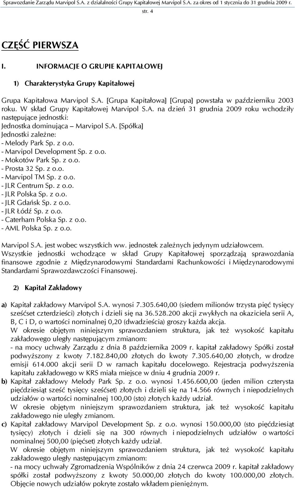 z o.o. - Mokotów Park Sp. z o.o. - Prosta 32 Sp. z o.o. - Marvipol TM Sp. z o.o. - JLR Centrum Sp. z o.o. - JLR Polska Sp. z o.o. - JLR Gdańsk Sp. z o.o. - JLR Łódź Sp. z o.o. - Caterham Polska Sp.