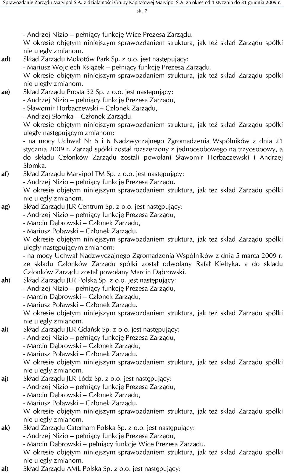 W okresie objętym niniejszym sprawozdaniem struktura, jak też skład Zarządu spółki nie uległy zmianom. Skład Zarządu Prosta 32 Sp. z o.o. jest następujący: - Andrzej Nizio pełniący funkcję Prezesa Zarządu, - Sławomir Horbaczewski Członek Zarządu, - Andrzej Słomka Członek Zarządu.