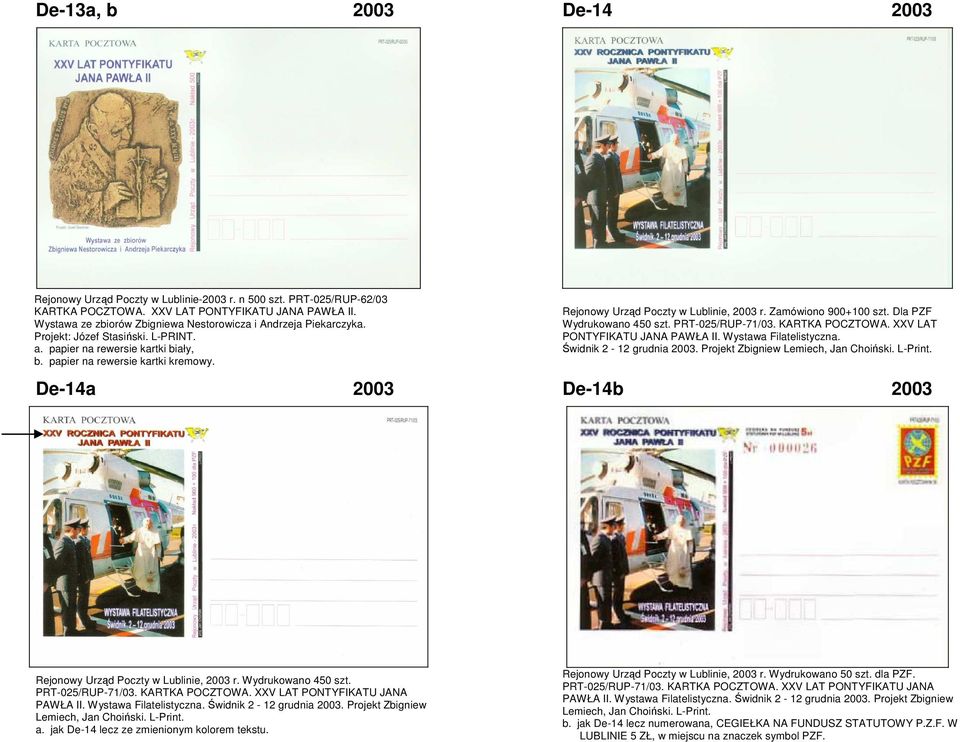 Rejonowy Urząd Poczty w Lublinie, 2003 r. Zamówiono 900+100 szt. Dla PZF Wydrukowano 450 szt. PRT-025/RUP-71/03. KARTKA POCZTOWA. XXV LAT PONTYFIKATU JANA PAWŁA II. Wystawa Filatelistyczna.