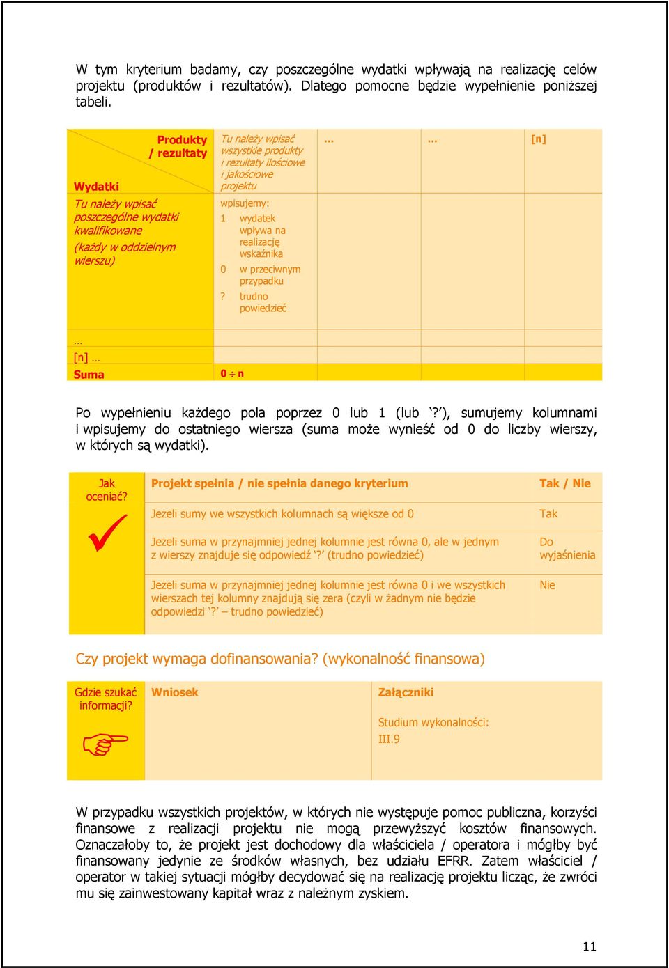 wpisujemy: 1 wydatek wpływa na realizację wskaźnika 0 w przeciwnym przypadku? trudno powiedzieć [n] [n] Suma 0 n Po wypełnieniu kaŝdego pola poprzez 0 lub 1 (lub?