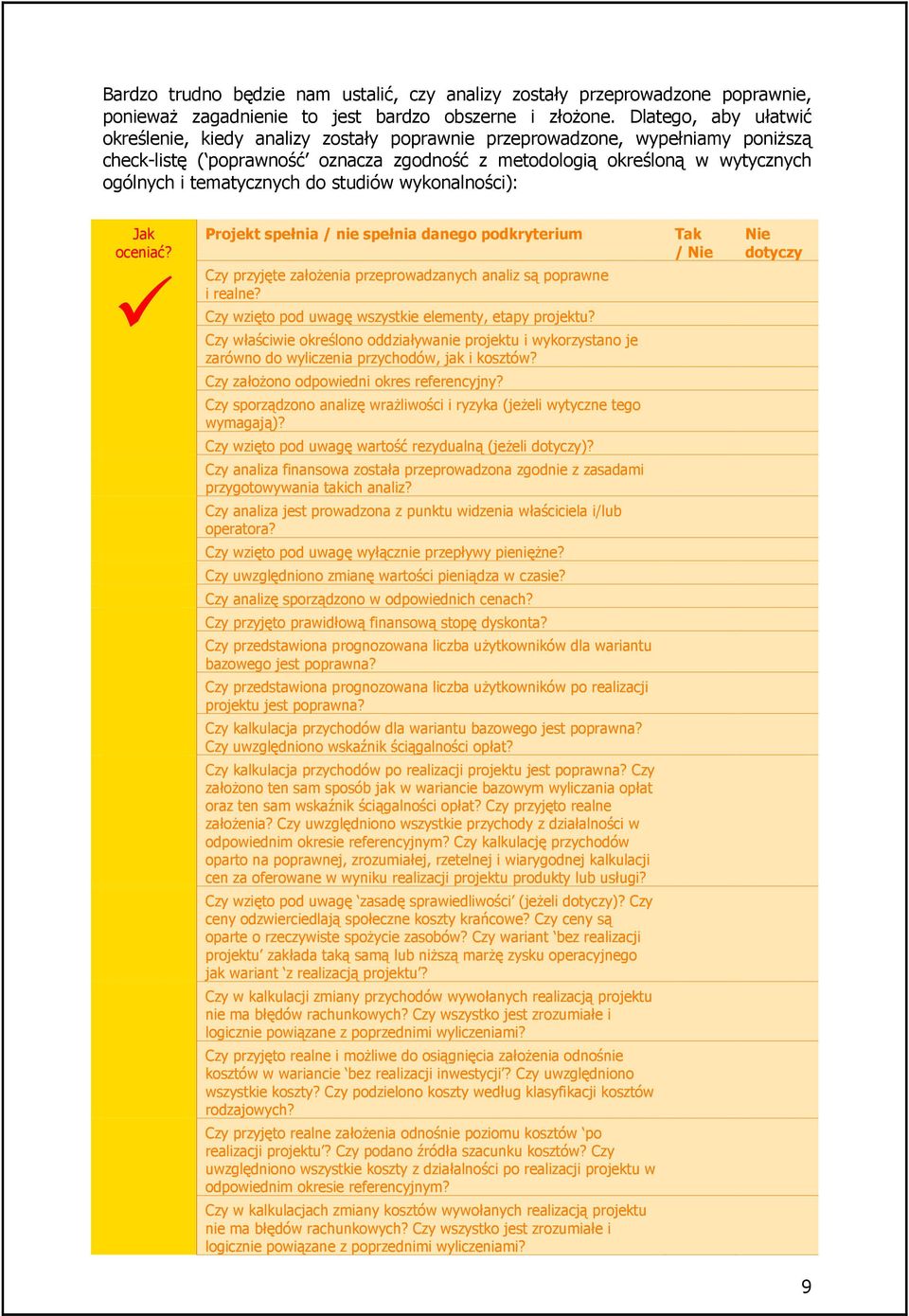 tematycznych do studiów wykonalności): oceniać? Czy Projekt spełnia / nie spełnia danego podkryterium / dotyczy przyjęte załoŝenia przeprowadzanych analiz są poprawne i realne?