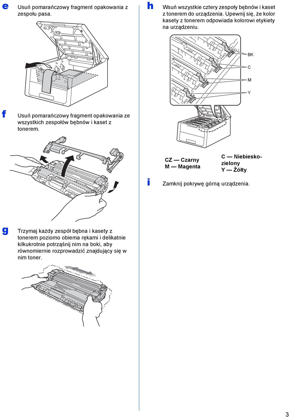 BK C M Y f Usuń pomrńzowy frgment opkowni ze wszystkih zespołów ęnów i kset z tonerem.