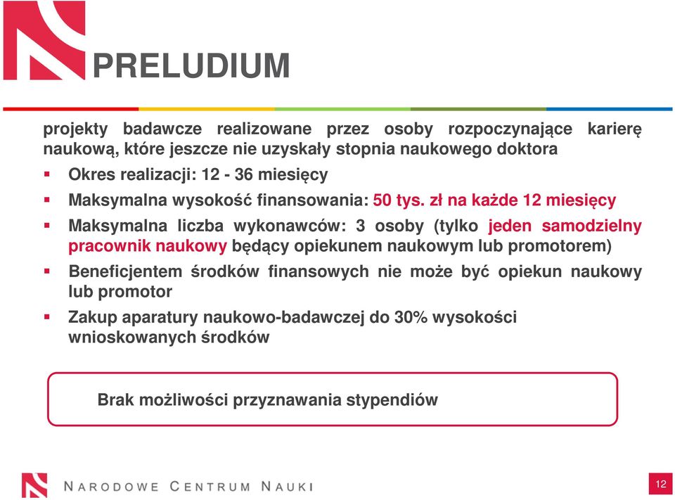 zł na każde 12 miesięcy Maksymalna liczba wykonawców: 3 osoby (tylko jeden samodzielny pracownik naukowy będący opiekunem naukowym lub