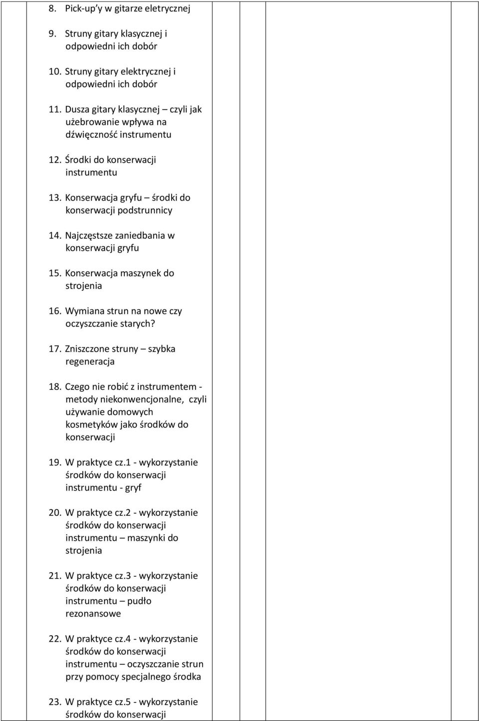 Najczęstsze zaniedbania w konserwacji gryfu 15. Konserwacja maszynek do strojenia 16. Wymiana strun na nowe czy oczyszczanie starych? 17. Zniszczone struny szybka regeneracja 18.