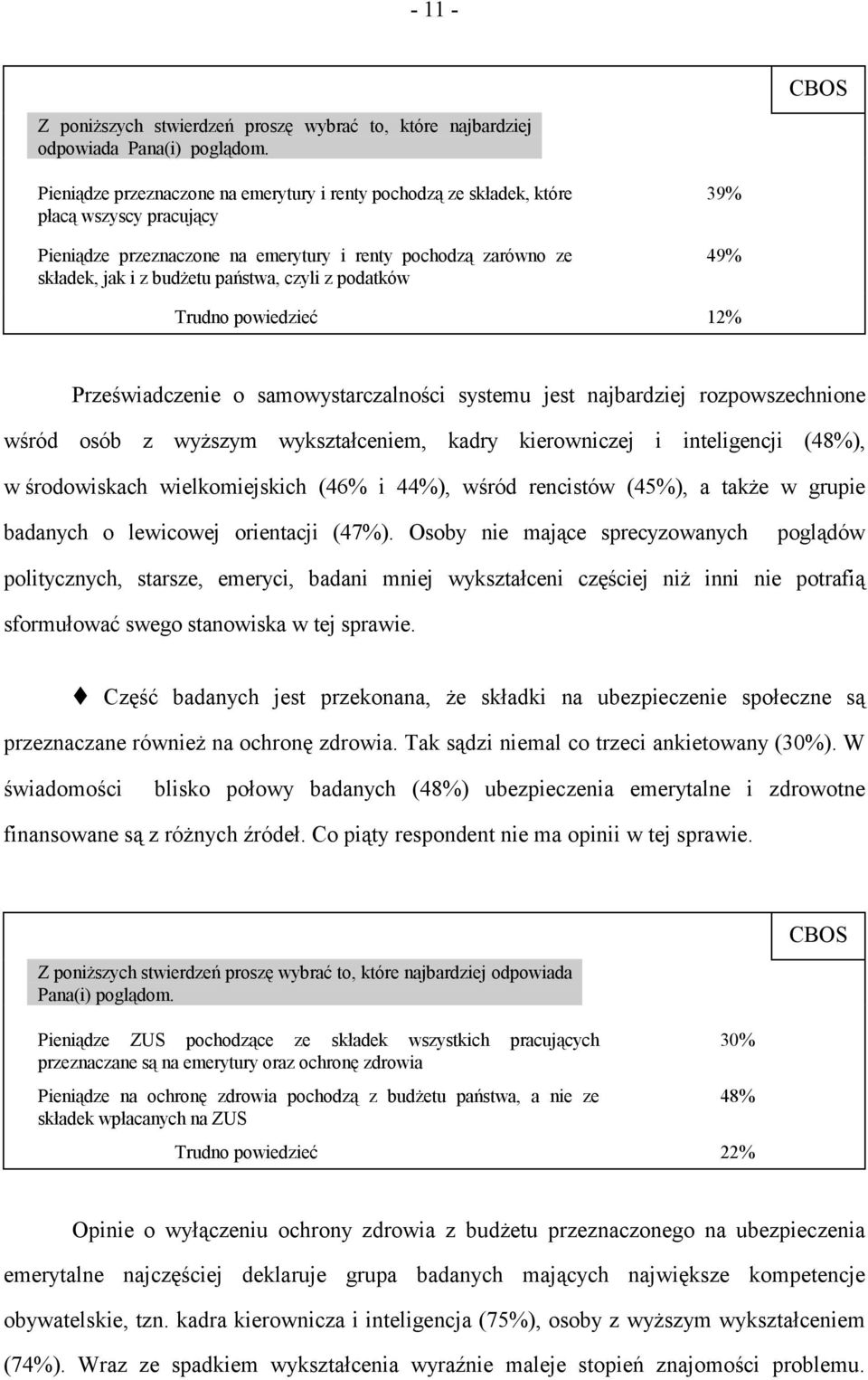 z podatków 39% 49% Trudno powiedzieć 12% Przeświadczenie o samowystarczalności systemu jest najbardziej rozpowszechnione wśród osób z wyższym wykształceniem, kadry kierowniczej i inteligencji (48%),