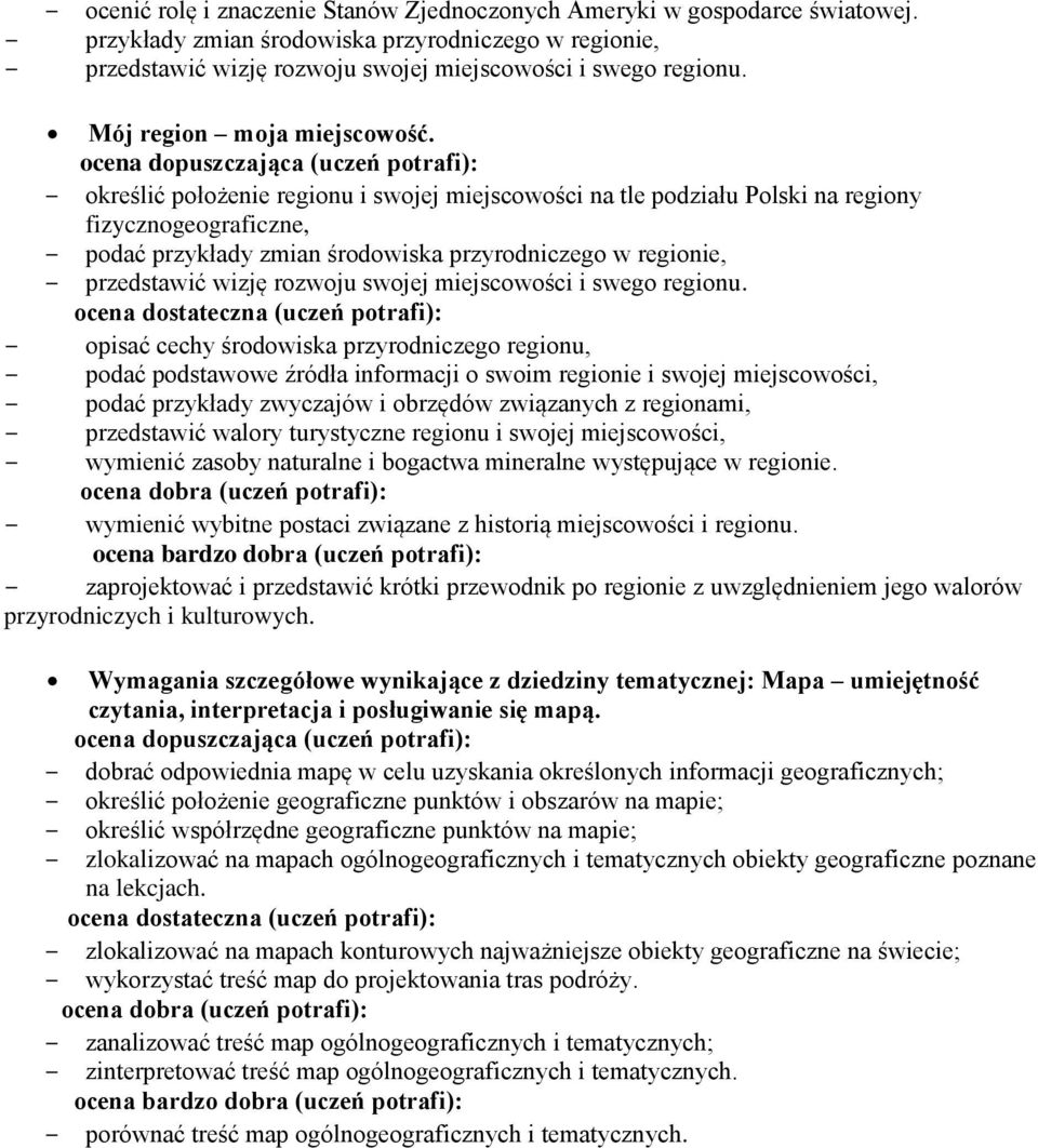 określić położenie regionu i swojej miejscowości na tle podziału Polski na regiony fizycznogeograficzne, podać przykłady zmian środowiska przyrodniczego w regionie, przedstawić wizję rozwoju swojej