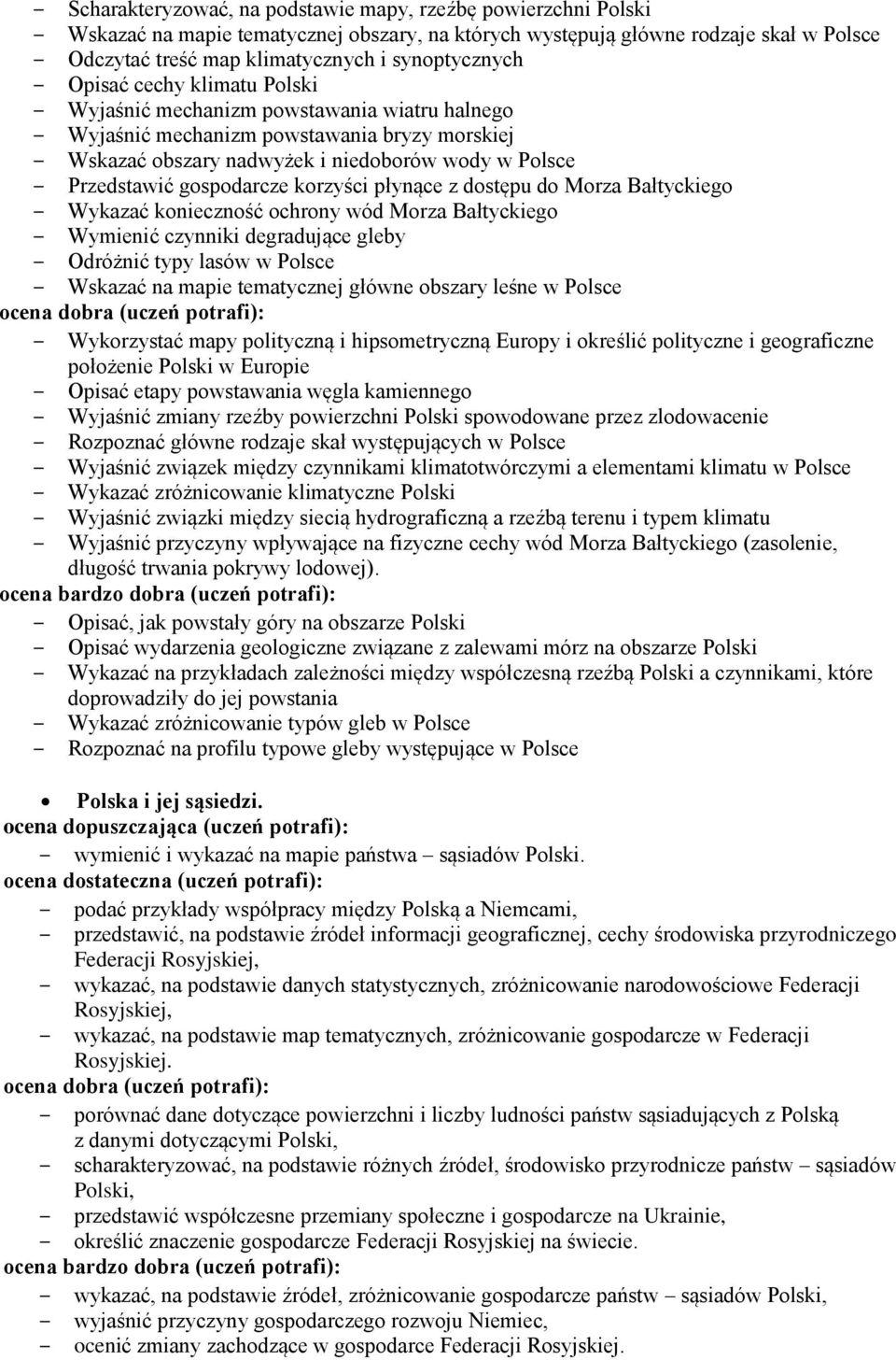 korzyści płynące z dostępu do Morza Bałtyckiego Wykazać konieczność ochrony wód Morza Bałtyckiego Wymienić czynniki degradujące gleby Odróżnić typy lasów w Polsce Wskazać na mapie tematycznej główne