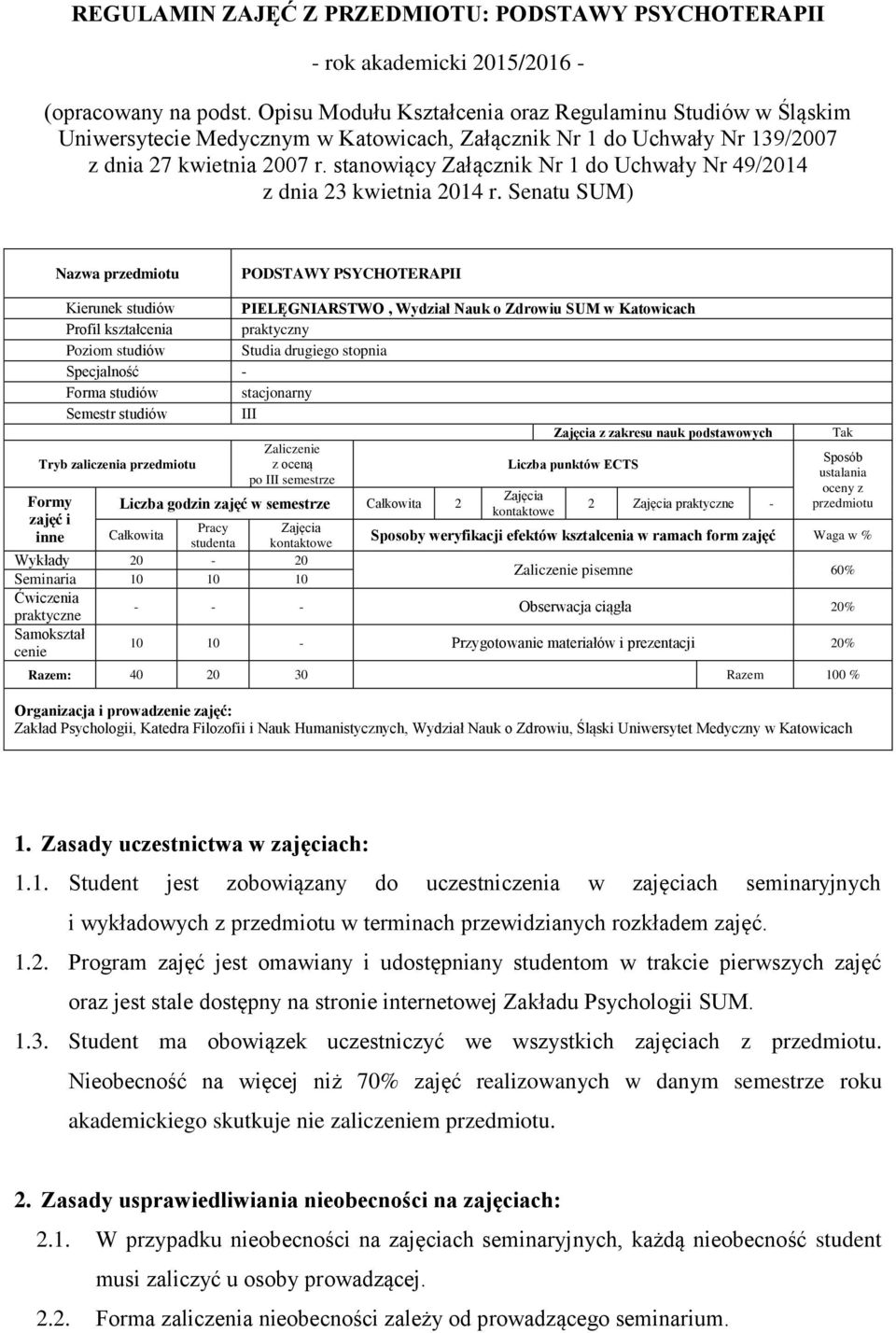 stanowiący Załącznik Nr 1 do Uchwały Nr 49/2014 z dnia 23 kwietnia 2014 r.