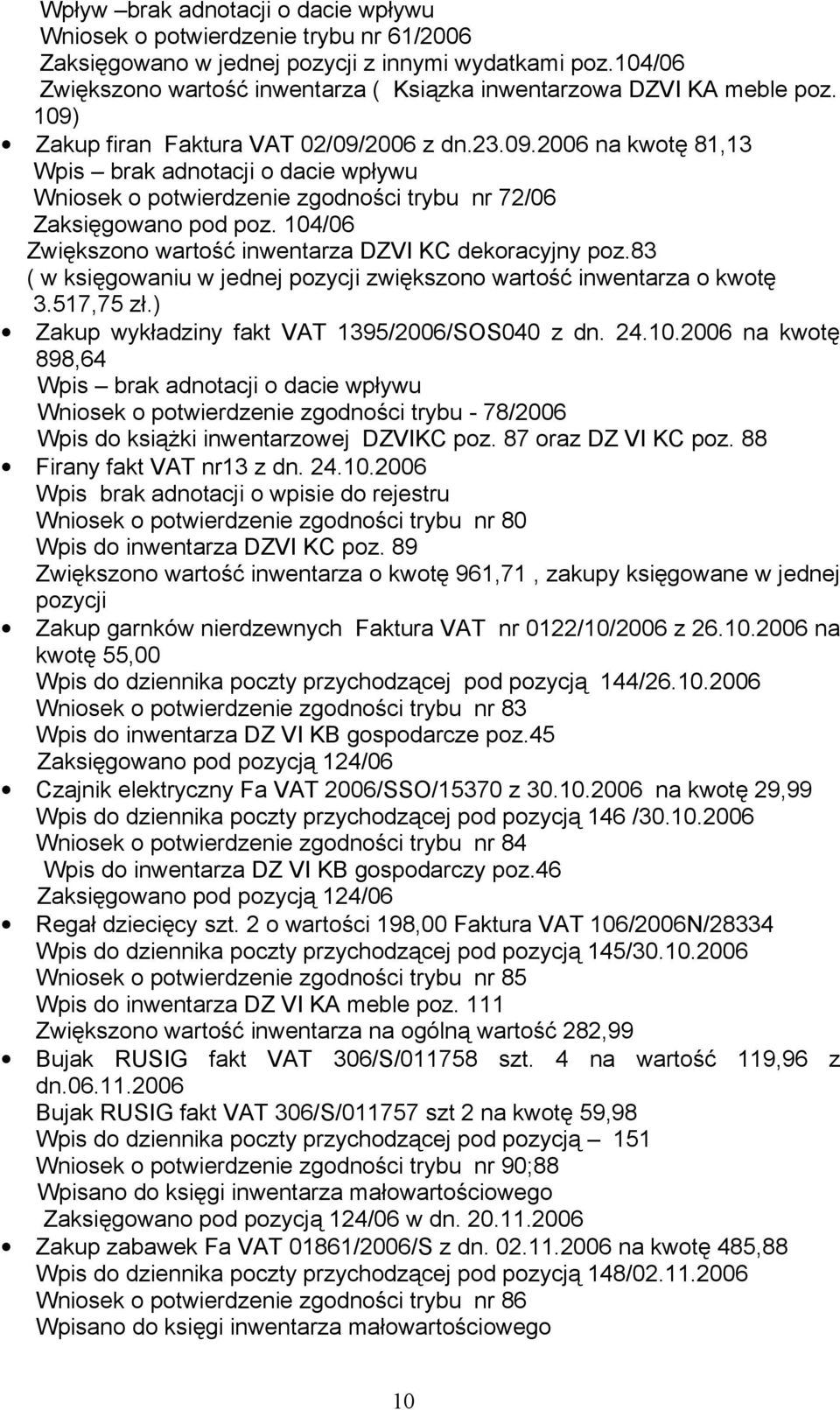 Zakup firan Faktura VAT 02/09/2006 z dn.23.09.2006 na kwotę 81,13 Wpis brak adnotacji o dacie wpływu Wniosek o potwierdzenie zgodności trybu nr 72/06 Zaksięgowano pod poz.