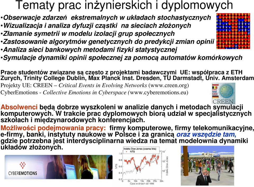 komórkowych Prace studentów związane są często z projektami badawczymi UE: współpraca z ETH Zurych, Trinity College Dublin, Max Planck Inst. Dresden, TU Darmstadt, Univ.