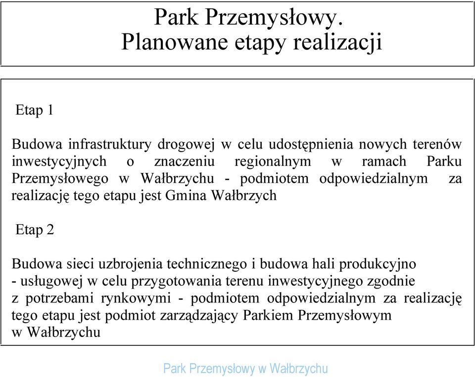 regionalnym w ramach Parku Przemysłowego w Wałbrzychu - podmiotem odpowiedzialnym za realizację tego etapu jest Gmina Wałbrzych Etap 2