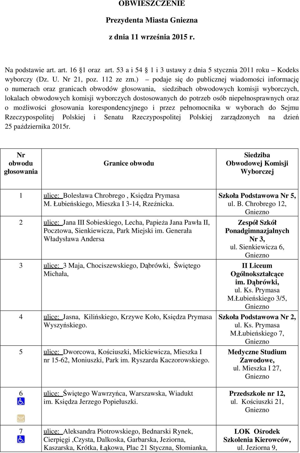 ) podaje się do publicznej wiadomości informację o numerach oraz granicach obwodów głosowania, siedzibach obwodowych komisji wyborczych, lokalach obwodowych komisji wyborczych dostosowanych do