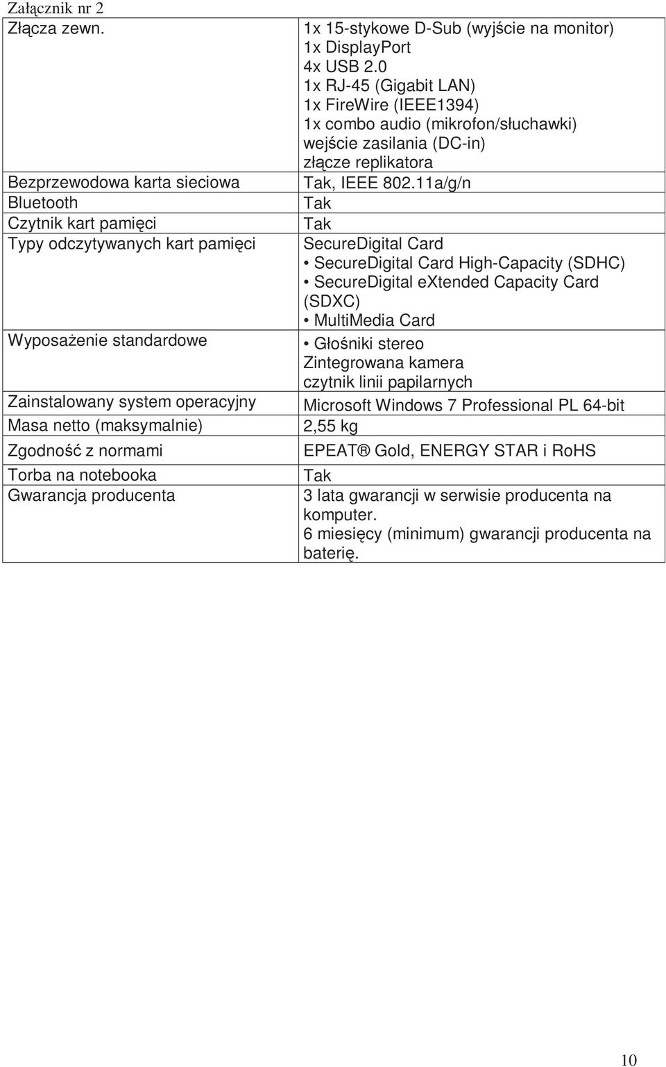 na notebooka Gwarancja producenta 1x 15-stykowe D-Sub (wyjście na monitor) 1x DisplayPort 4x USB 2.