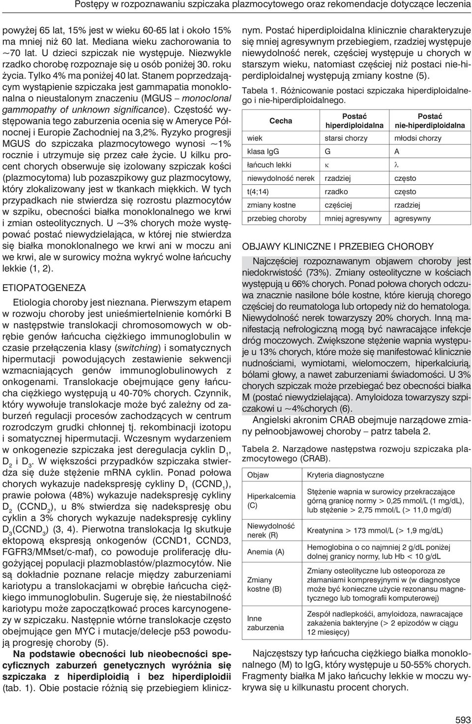 Stanem poprzedzającym wystąpienie szpiczaka jest gammapatia monoklonalna o nieustalonym znaczeniu (MGUS monoclonal gammopathy of unknown significance).