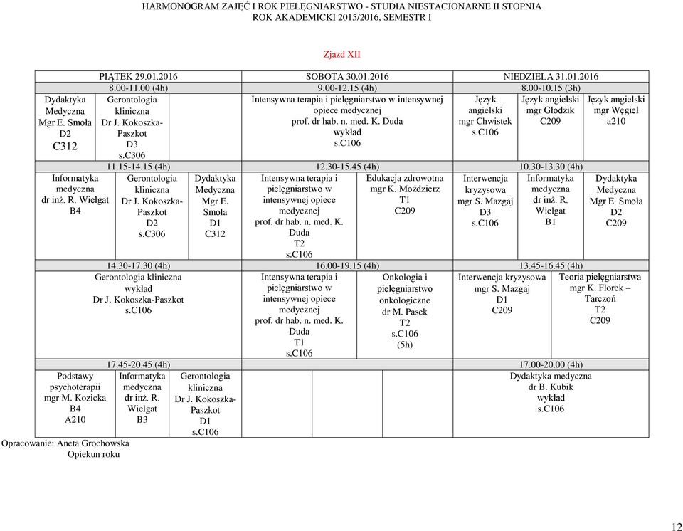 30-13.30 (4h) Intensywna terapia i Interwencja pielęgniarstwo w kryzysowa Mgr E. intensywnej opiece Smoła prof. dr hab. n. med. K. C312 14.30-17.30 (4h) 16.00-19.15 (4h) 13.45-16.