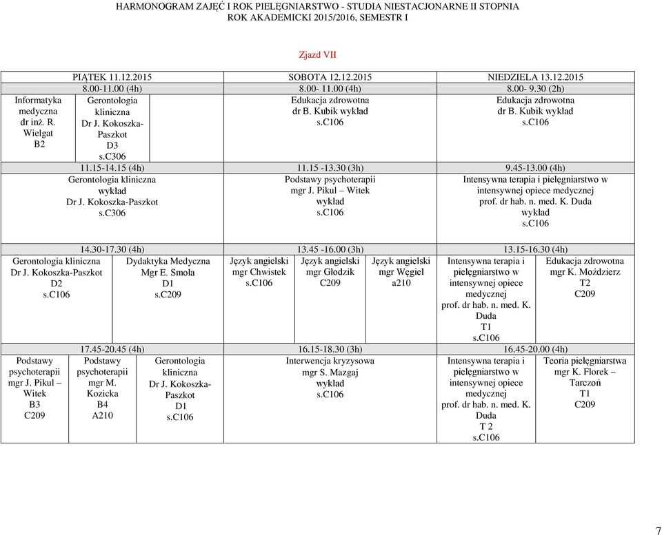 15-16.30 (4h) mgr Chwistek mgr Głodzik mgr Węgiel a210 s. Intensywna terapia i pielęgniarstwo w intensywnej opiece prof. dr hab. n. med. K. 17.45-20.45 (4h) 16.