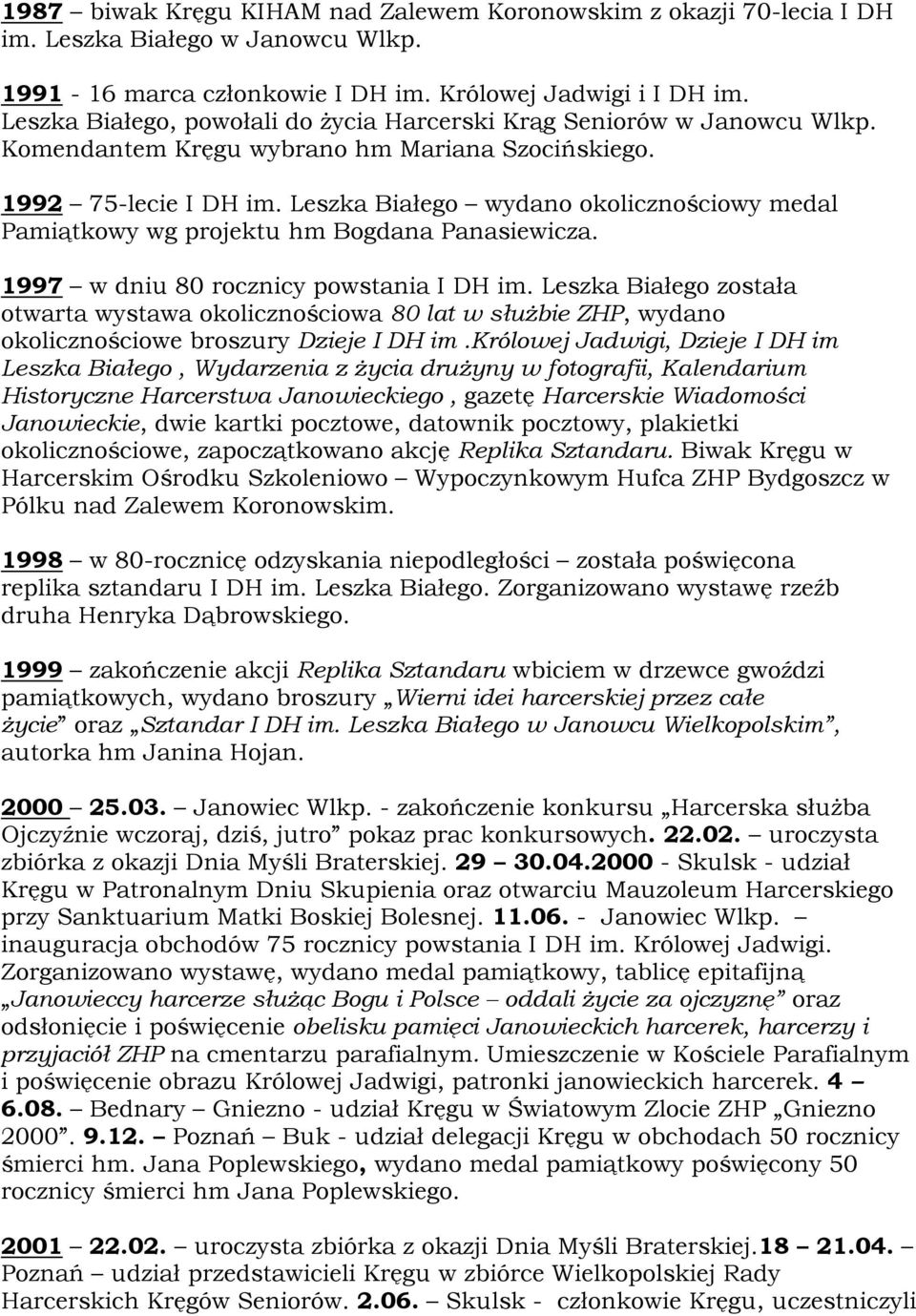 Leszka Białego wydano okolicznościowy medal Pamiątkowy wg projektu hm Bogdana Panasiewicza. 1997 w dniu 80 rocznicy powstania I DH im.