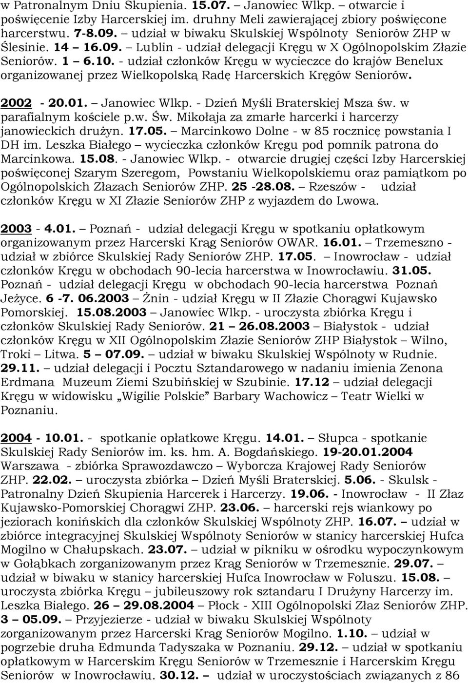 - udział członków Kręgu w wycieczce do krajów Benelux organizowanej przez Wielkopolską Radę Harcerskich Kręgów Seniorów. 2002-20.01. Janowiec Wlkp. - Dzień Myśli Braterskiej Msza św.