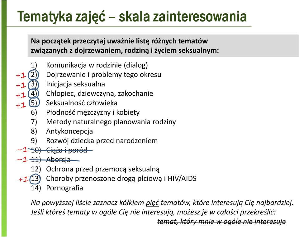 rodziny 8) Antykoncepcja 9) Rozwój dziecka przed narodzeniem 10) Ciąża i poród 11) Aborcja 12) Ochrona przed przemocą seksualną 13) Choroby przenoszone drogą płciową i HIV/AIDS 14) Pornografia Na