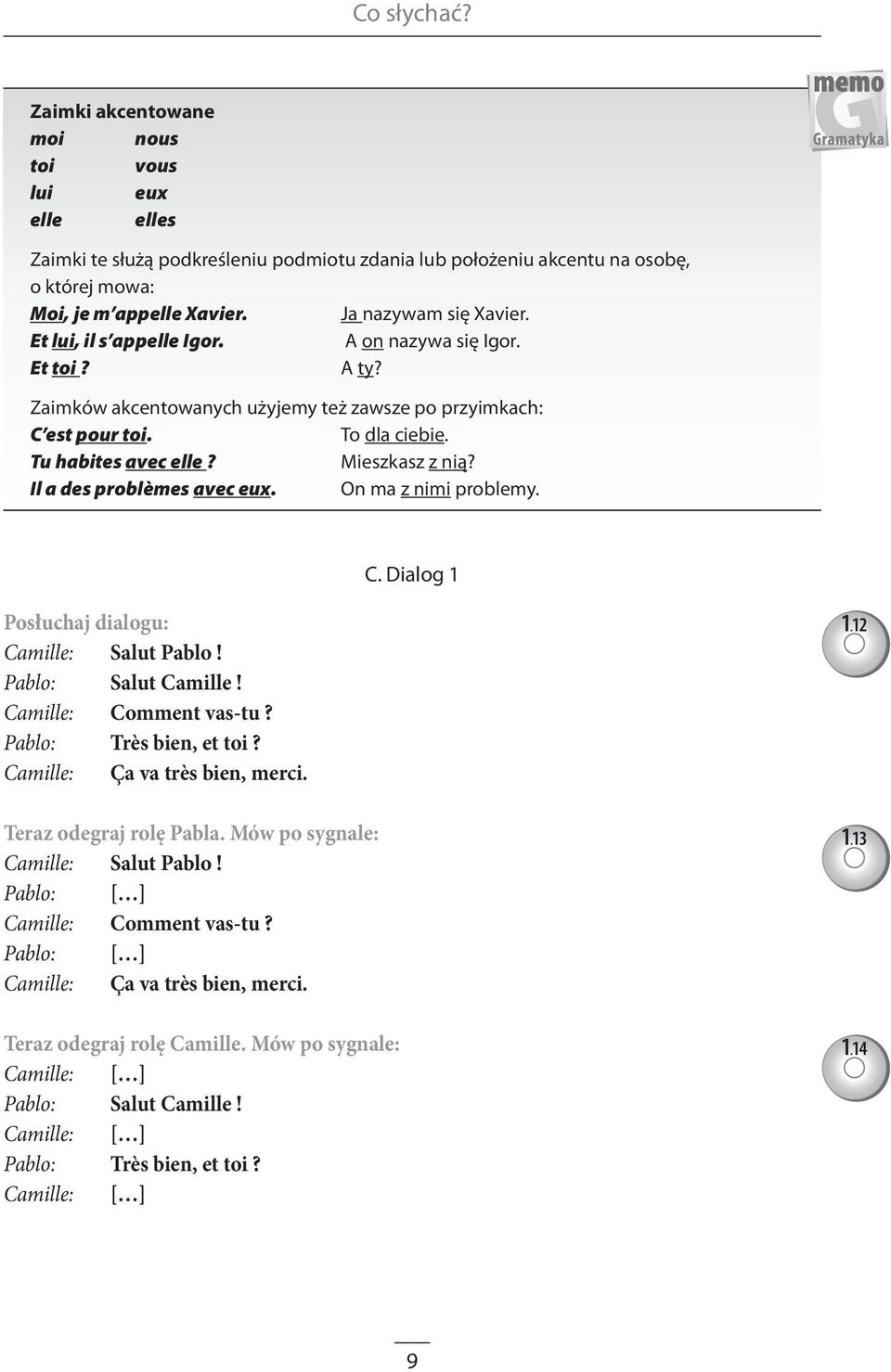 Mieszkasz z nią? Il a des problèmes avec eux. On ma z nimi problemy. C. Dialog 1 Posłuchaj dialogu: Camille: Salut Pablo! Pablo: Salut Camille! Camille: Comment vas-tu? Pablo: Très bien, et toi?