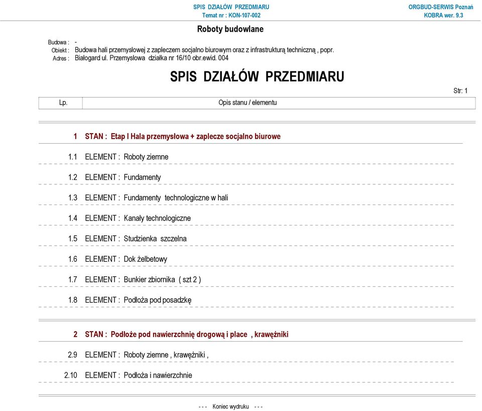 2 ELEMENT : Fundamenty 1.3 ELEMENT : Fundamenty technologiczne w hali 1.4 ELEMENT : Kanały technologiczne 1.5 ELEMENT : Studzienka szczelna 1.6 ELEMENT : Dok Ŝelbetowy 1.