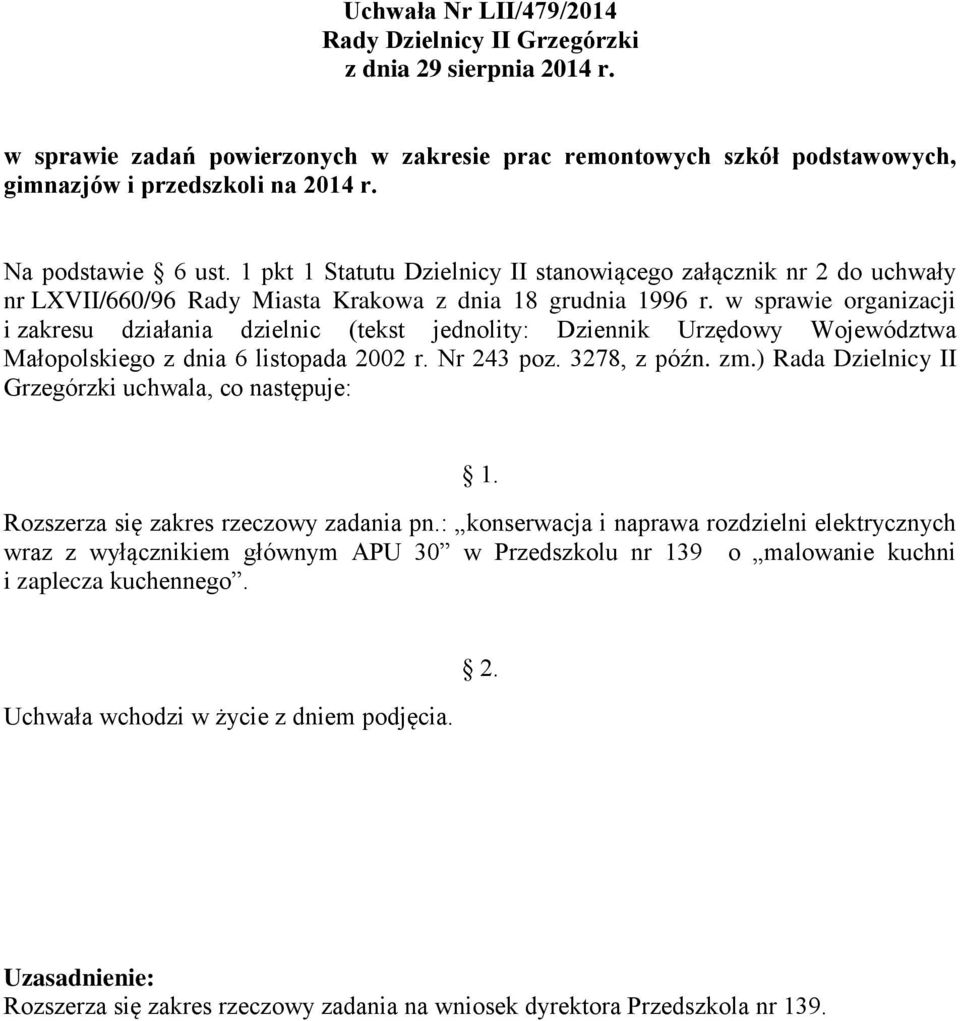 w sprawie organizacji i zakresu działania dzielnic (tekst jednolity: Dziennik Urzędowy Województwa Małopolskiego z dnia 6 listopada 2002 r. Nr 243 poz. 3278, z późn. zm.