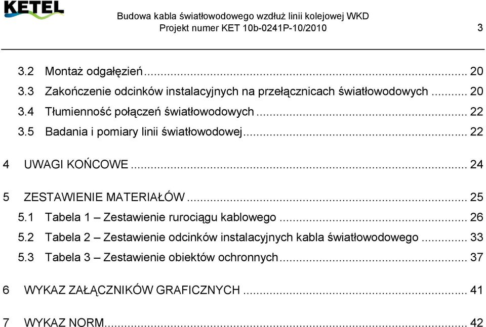 5 Badania i pomiary linii światłowodowej... 22 4 UWAGI KOŃCOWE... 24 5 ZESTAWIENIE MATERIAŁÓW... 25 5.