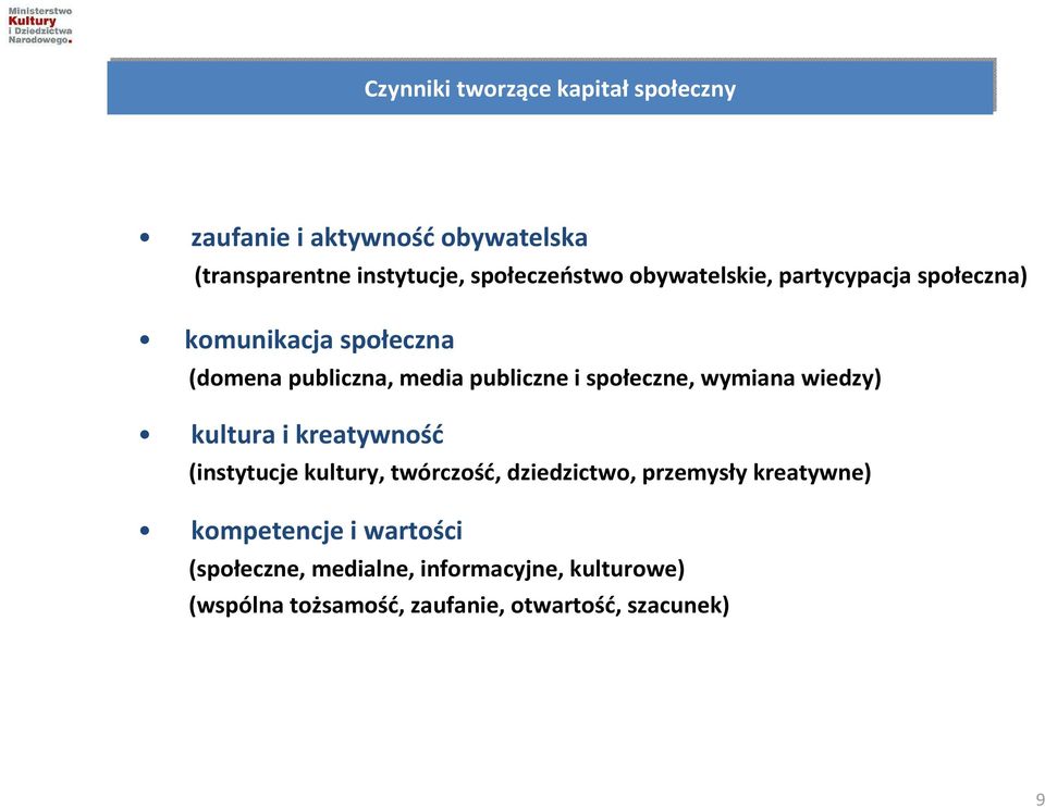 publiczne i społeczne, wymiana wiedzy) kultura i kreatywność (instytucje kultury, twórczość, dziedzictwo, przemysły