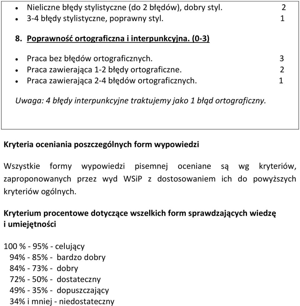 Kryteria oceniania poszczególnych form wypowiedzi Wszystkie formy wypowiedzi pisemnej oceniane są wg kryteriów, zaproponowanych przez wyd WSiP z dostosowaniem ich do powyższych kryteriów